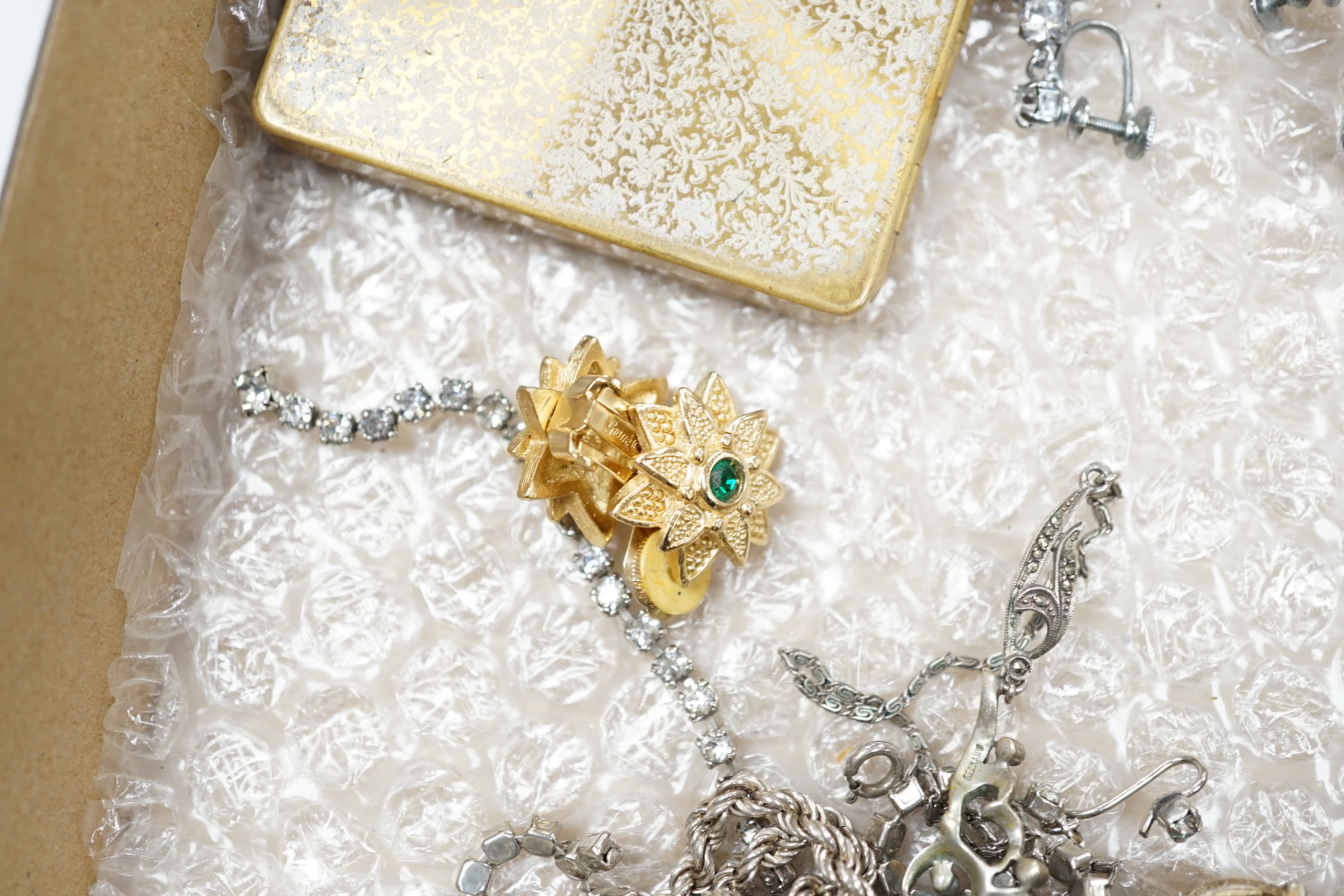 Assorted paste set jewellery etc and other items including compacts and a Ronson lighter.